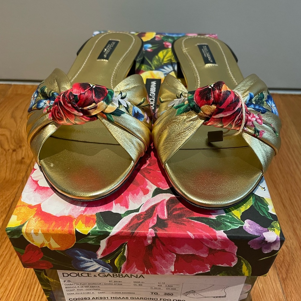 Dolce & Gabbana metallic gold with blue and red flower slides /sandals 36 - Picture 2 of 12
